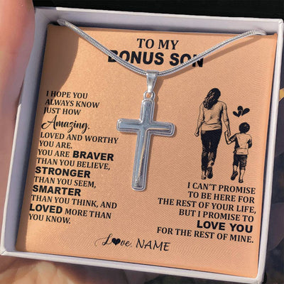 Stainless Cross Necklace Stainless Steel | 2 | Personalized To My Bonus Son Necklace From Stepmom Promise To Love You Stepson Birthday Gifts Jewelry Graduation Christmas Customized Gift Box Message Card | siriusteestore
