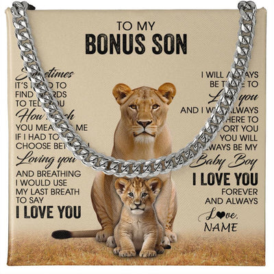 Cuban Link Chain Necklace Stainless Steel | 1 | Personalized To My Bonus Son Necklace From Stepmom Sometimes It's Hard Lion Stepson Gift Birthday Graduation Christmas Customized Gift Box Message Card | siriusteestore