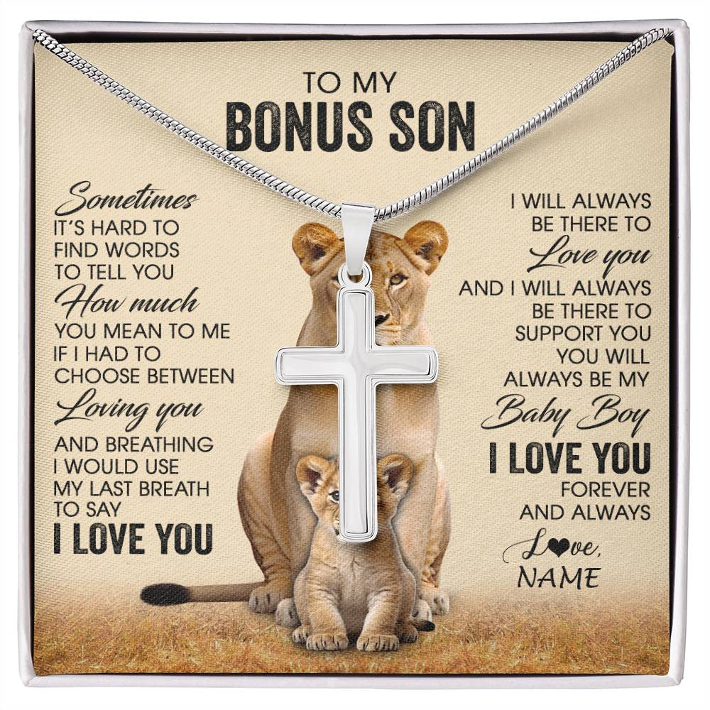 Stainless Cross Necklace Stainless Steel | 1 | Personalized To My Bonus Son Necklace From Stepmom Sometimes It's Hard Lion Stepson Gift Birthday Graduation Christmas Customized Gift Box Message Card | siriusteestore