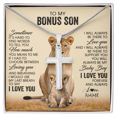 Stainless Cross Necklace Stainless Steel | 1 | Personalized To My Bonus Son Necklace From Stepmom Sometimes It's Hard Lion Stepson Gift Birthday Graduation Christmas Customized Gift Box Message Card | siriusteestore