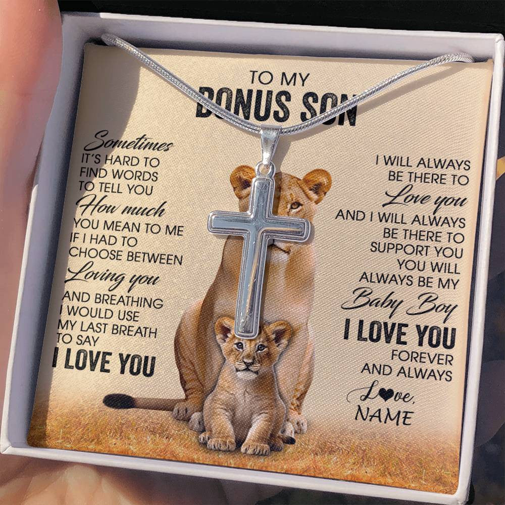 Stainless Cross Necklace Stainless Steel | 2 | Personalized To My Bonus Son Necklace From Stepmom Sometimes It's Hard Lion Stepson Gift Birthday Graduation Christmas Customized Gift Box Message Card | siriusteestore