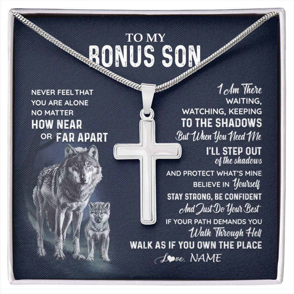 Stainless Cross Necklace Stainless Steel | 1 | Personalized To My Bonus Son Necklace From Stepmom Stepdad Never Feel You Are Alone Wolf Stepson Birthday Graduation Christmas Customized Gift Box Message Card | siriusteestore
