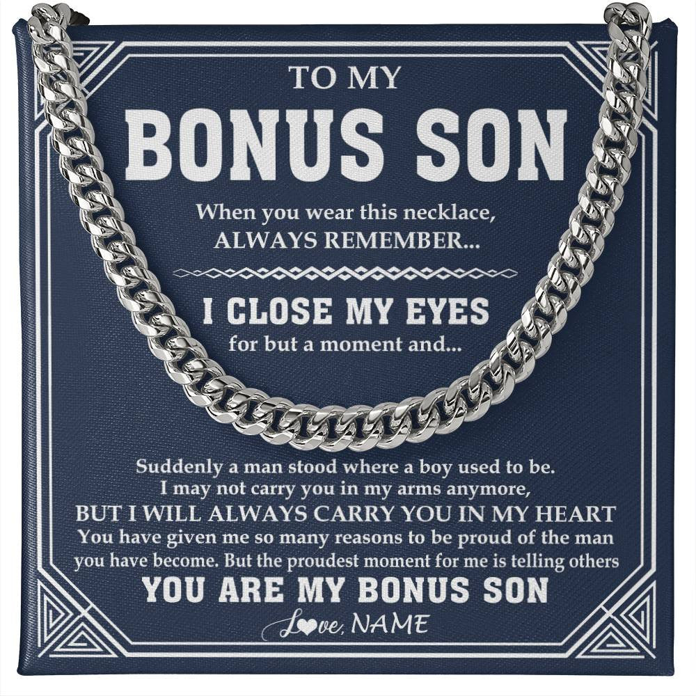 Cuban Link Chain Necklace Stainless Steel | 1 | Personalized To My Bonus Son Necklace From Stepmom Stepdad Suddenly A Man Jewelry Stepson Birthday Gifts Graduation Christmas Customized Gift Box Message Card | siriusteestore