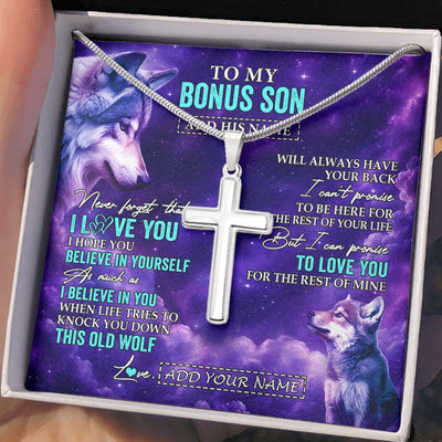 Stainless Cross Necklace Stainless Steel | 2 | Personalized To My Bonus Son Necklace From Stepmom Stepdad Wolf Never Forget I Love You Stepson Birthday Gifts Graduation Christmas Gift Box Message Card Shirt & Hoodie | https://siriusteestore.