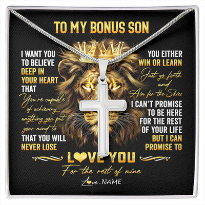 Stainless Cross Necklace Stainless Steel | 1 | Personalized To My Bonus Son Necklace From Stepmom Stepdad You Will Never Lose Lion Stepson Birthday Graduation Christmas Customized Gift Box Message Card | siriusteestore