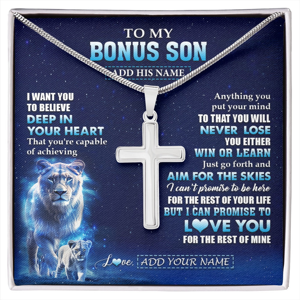 Stainless Cross Necklace Stainless Steel | 1 | Personalized To My Bonus Son Necklace From Stepmother Believe Your Heart Stepson Gift Birthday Graduation Christmas Customized Gift Box Message Card | siriusteestore.myshopify