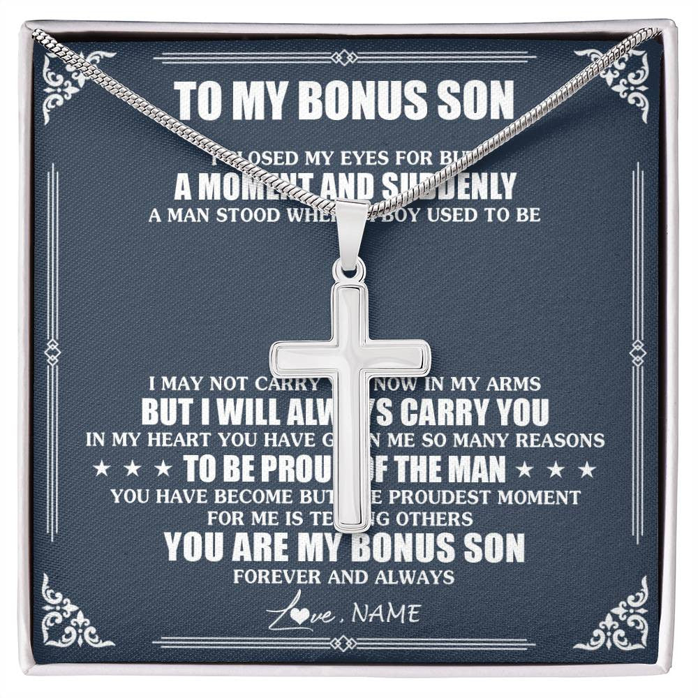 Stainless Cross Necklace Stainless Steel | 1 | Personalized To My Bonus Son Necklace From Stepmother Father I Close My Eyes Gifts For Stepson Birthday Graduation Christmas Customized Gift Box Message Card | siriusteestore