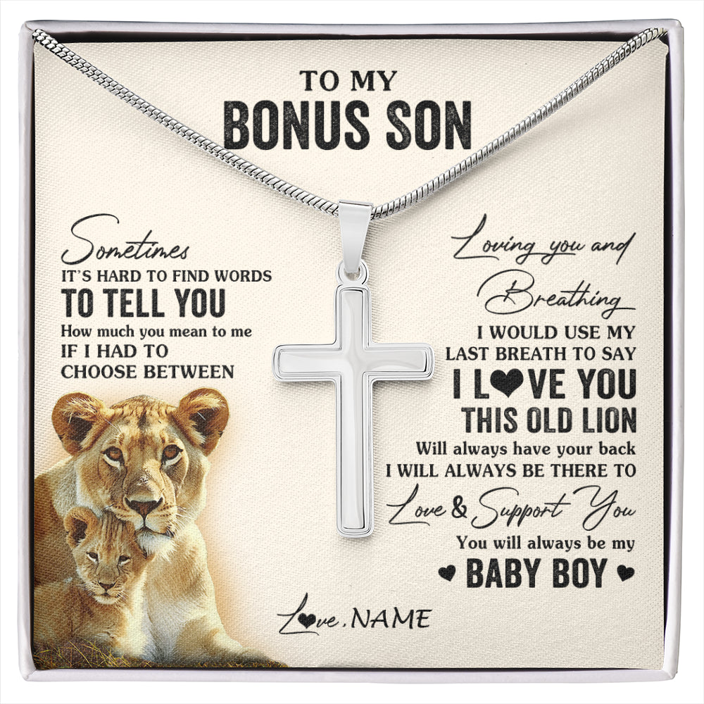 Stainless Cross Necklace Stainless Steel | 1 | Personalized To My Bonus Son Necklace From Stepmother I Love You This Old Lion Stepson Birthday Graduation Christmas Customized Gift Box Message Card | siriusteestore