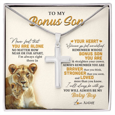 Stainless Cross Necklace Stainless Steel | 1 | Personalized To My Bonus Son Necklace From Stepmother Lion Never Feel That You Are Alone Great Stepson Birthday Christmas Customized Gift Box Message Card | siriusteestore