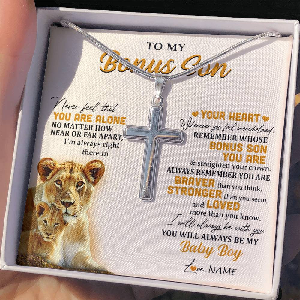 Stainless Cross Necklace Stainless Steel | 2 | Personalized To My Bonus Son Necklace From Stepmother Lion Never Feel That You Are Alone Great Stepson Birthday Christmas Customized Gift Box Message Card | siriusteestore
