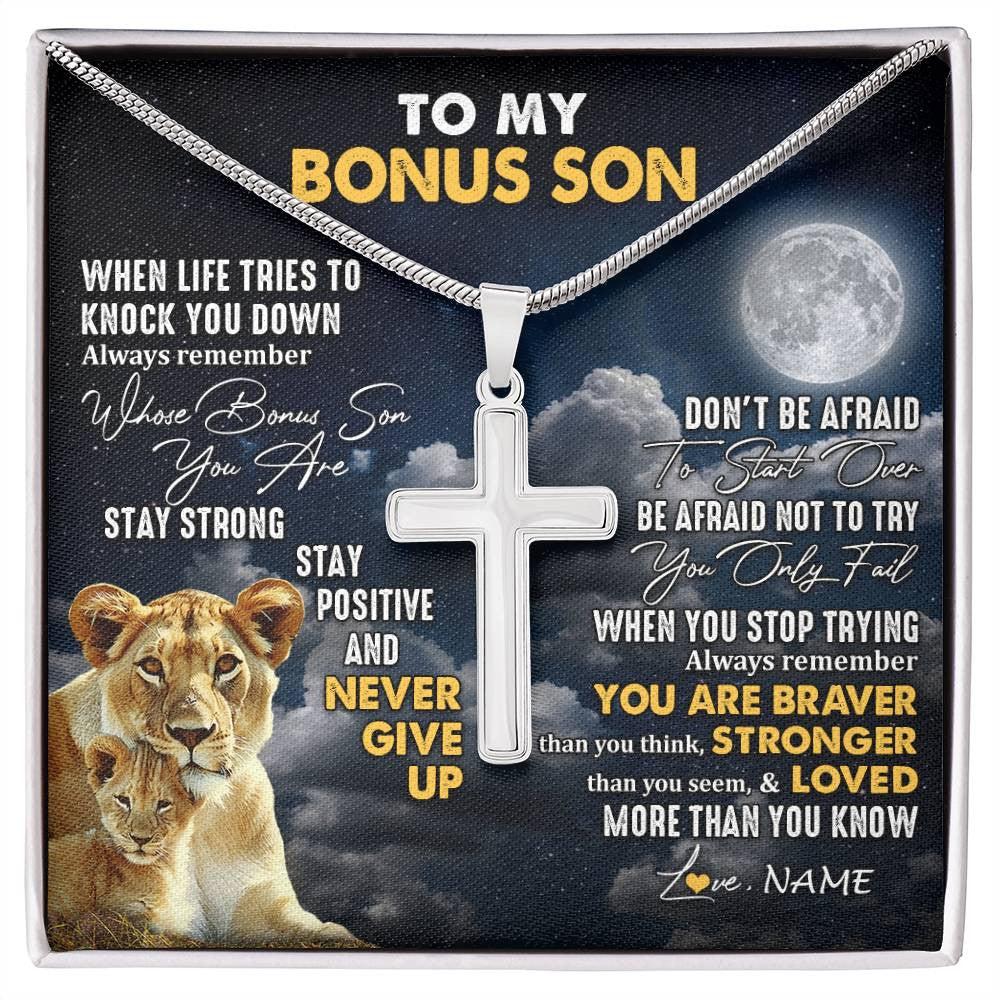 Stainless Cross Necklace Stainless Steel | 1 | Personalized To My Bonus Son Necklace From Stepmother Lion Never Give Up Stepson Birthday Graduation Christmas Jewelry Customized Gift Box Message Card | siriusteestore