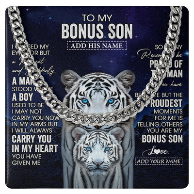 Cuban Link Chain Necklace Stainless Steel | 1 | Personalized To My Bonus Son Necklace From Stepmother Stepdad I Close My Eyes White Tiger Stepson Birthday Gift Christmas Jewelry Gift Box Message Card | https://siriusteestore.