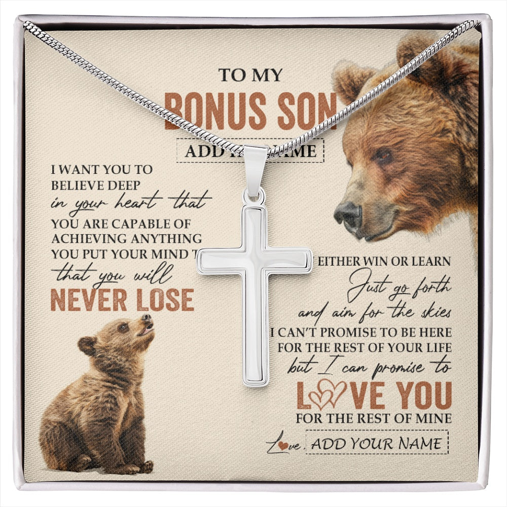 Stainless Cross Necklace Stainless Steel | 1 | Personalized To My Bonus Son Necklace From Stepmother Stepdad You Will Never Lose Bear Stepson Birthday Gifts Graduation Christmas Custom Gift Box Message Card | siriusteestore.myshopify
