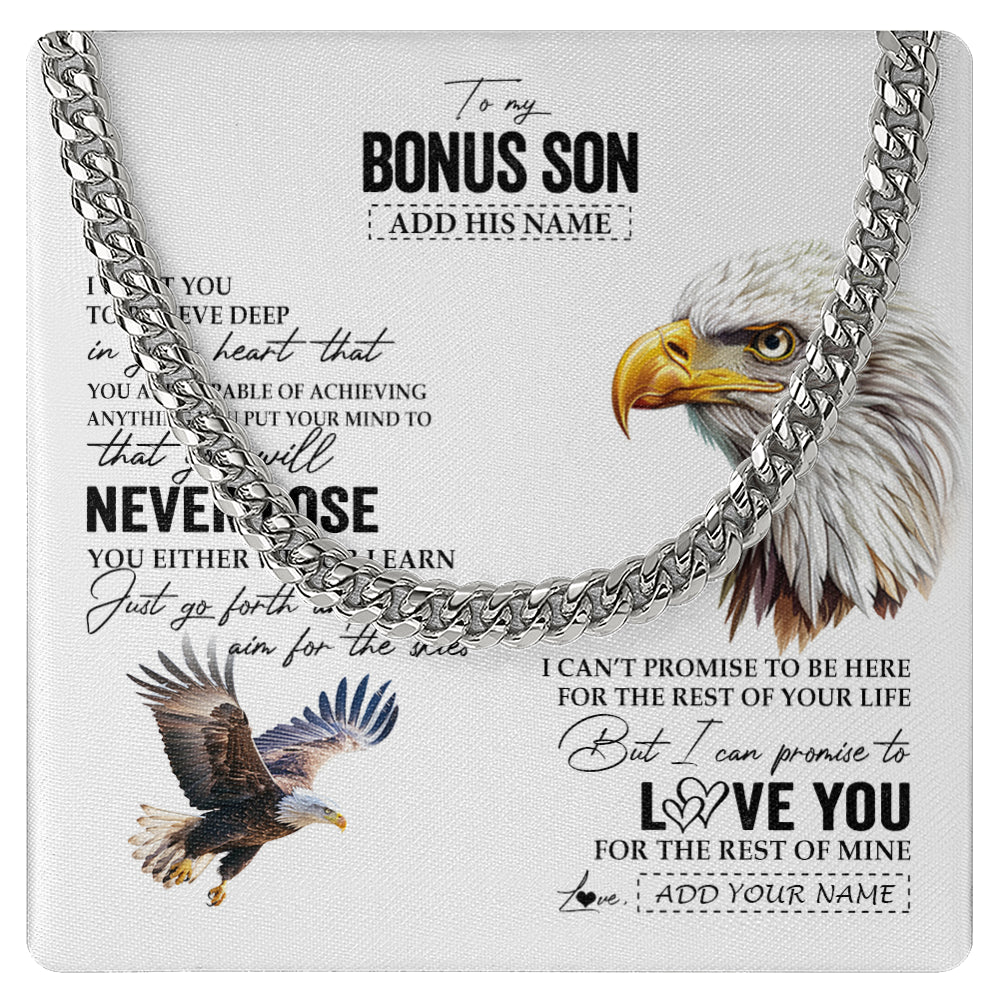 Cuban Link Chain Necklace Stainless Steel | 1 | Personalized To My Bonus Son Necklace From Stepmother Stepdad You Will Never Lose Eagle Stepson Birthday Gifts Graduation Christmas Gift Box Message Card | siriusteestore