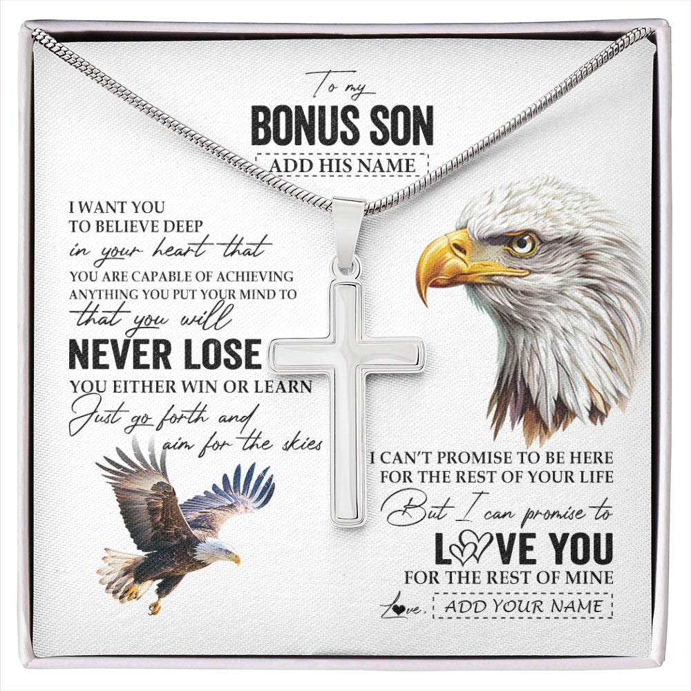 Stainless Cross Necklace Stainless Steel | 1 | Personalized To My Bonus Son Necklace From Stepmother Stepdad You Will Never Lose Eagle Stepson Birthday Gifts Graduation Christmas Gift Box Message Card | siriusteestore