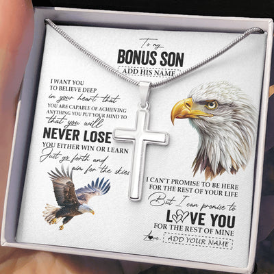 Stainless Cross Necklace Stainless Steel | 2 | Personalized To My Bonus Son Necklace From Stepmother Stepdad You Will Never Lose Eagle Stepson Birthday Gifts Graduation Christmas Gift Box Message Card | siriusteestore
