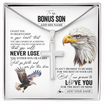 Stainless Cross Necklace Stainless Steel | 1 | Personalized To My Bonus Son Necklace From Stepmother Stepdad You Will Never Lose Eagle Stepson Birthday Gifts Graduation Christmas Gift Box Message Card | siriusteestore