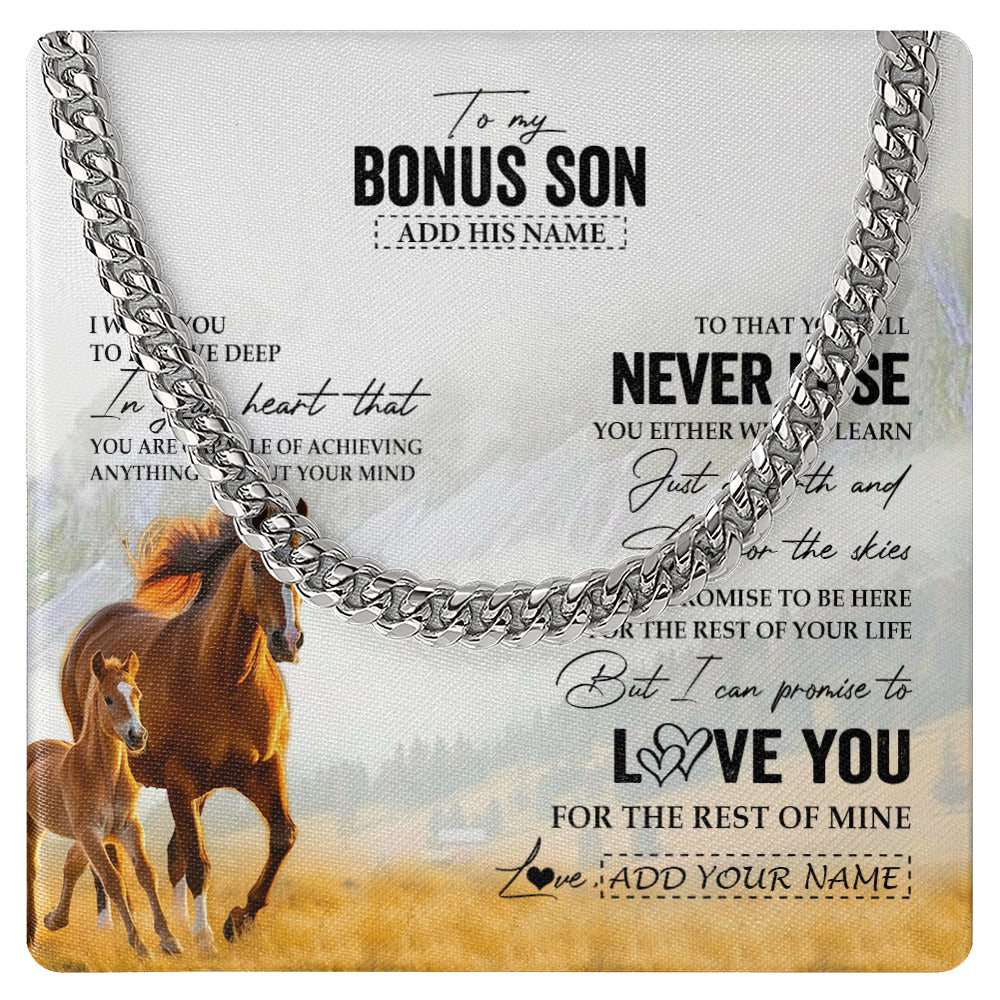 Cuban Link Chain Necklace Stainless Steel | 1 | Personalized To My Bonus Son Necklace From Stepmother Stepdad You Will Never Lose Horse Stepson Birthday Gifts Christmas Customized Gift Box Message Card | siriusteestore