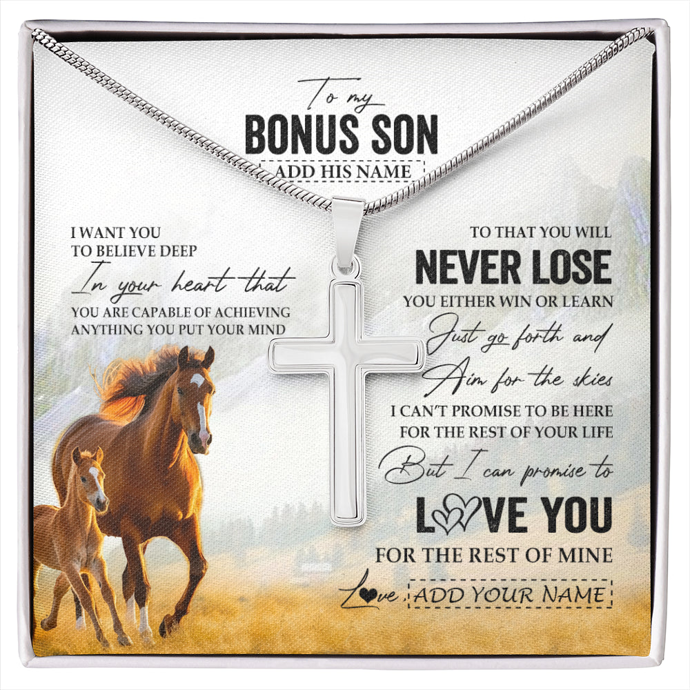Stainless Cross Necklace Stainless Steel | 1 | Personalized To My Bonus Son Necklace From Stepmother Stepdad You Will Never Lose Horse Stepson Birthday Gifts Christmas Customized Gift Box Message Card | siriusteestore