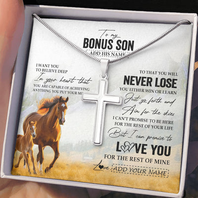 Stainless Cross Necklace Stainless Steel | 2 | Personalized To My Bonus Son Necklace From Stepmother Stepdad You Will Never Lose Horse Stepson Birthday Gifts Christmas Customized Gift Box Message Card | siriusteestore