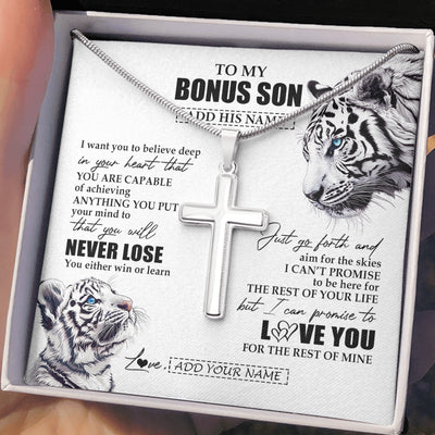 Stainless Cross Necklace Stainless Steel | 2 | Personalized To My Bonus Son Necklace From Stepmother Stepdad You Will Never Lose White Tiger Stepson Birthday Gifts Christmas Custom Gift Box Message Card | siriusteestore