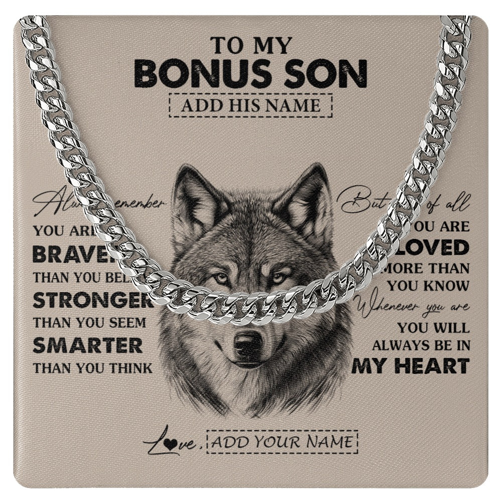 Cuban Link Chain Necklace Stainless Steel | 1 | Personalized To My Bonus Son Necklace From Stepmother Stepfather Wolf Braver Stronger Smarter Stepson Birthday Graduation Christmas Gift Box Message Card | siriusteestore.myshopify