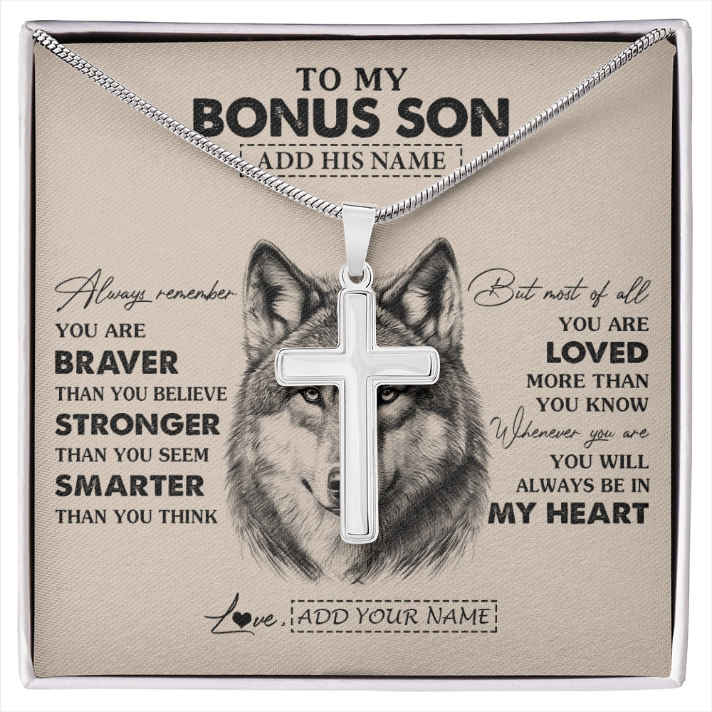 Stainless Cross Necklace Stainless Steel | 1 | Personalized To My Bonus Son Necklace From Stepmother Stepfather Wolf Braver Stronger Smarter Stepson Birthday Graduation Christmas Gift Box Message Card | siriusteestore.myshopify