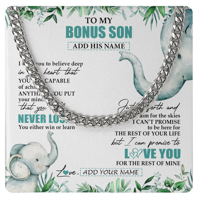 Cuban Link Chain Necklace Stainless Steel | 1 | Personalized To My Bonus Son Necklace From Stepmother You Will Never Lose Elephant Stepson Birthday Gifts Graduation Christmas Custom Gift Box Message Card | siriusteestore