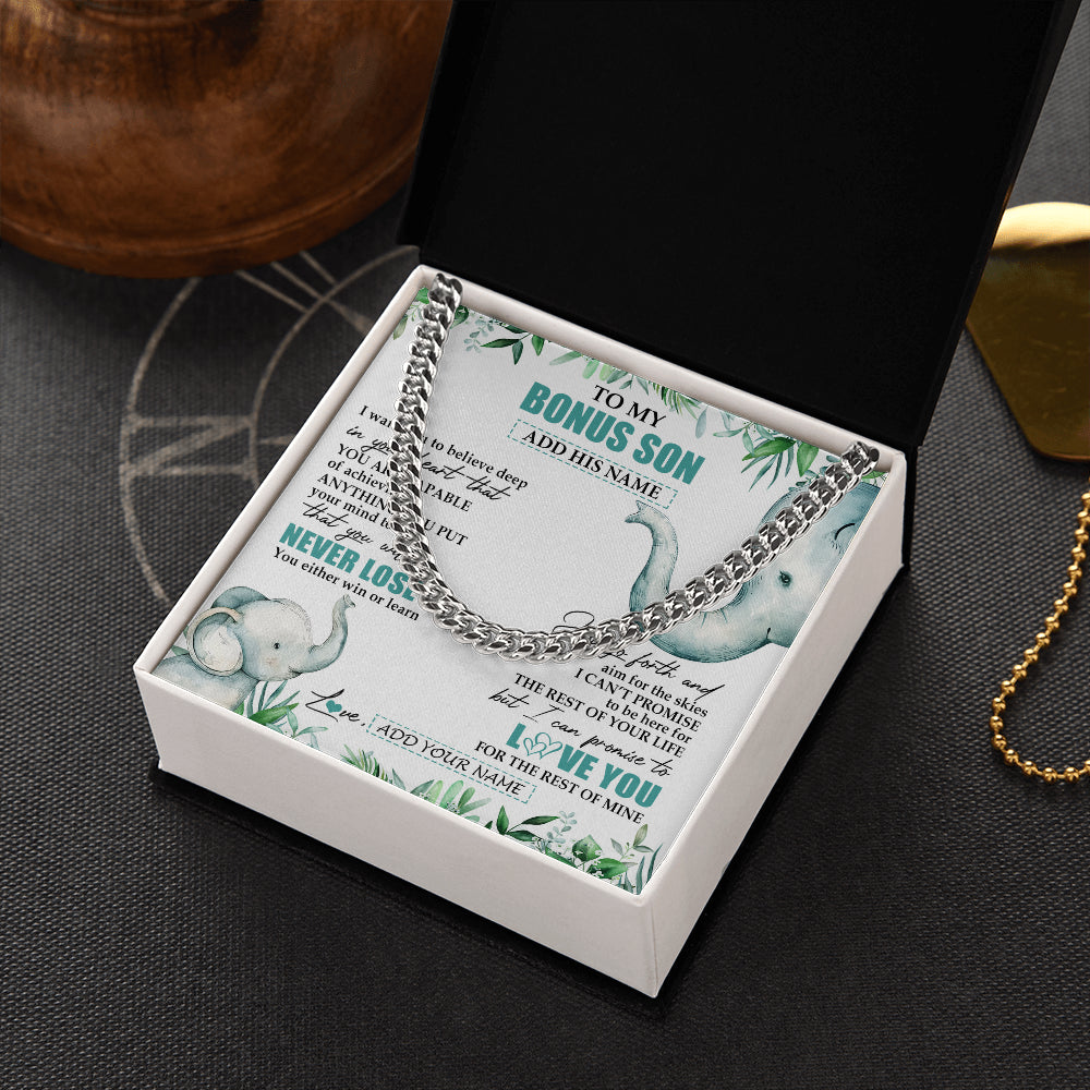 Cuban Link Chain Necklace Stainless Steel | 2 | Personalized To My Bonus Son Necklace From Stepmother You Will Never Lose Elephant Stepson Birthday Gifts Graduation Christmas Custom Gift Box Message Card | siriusteestore