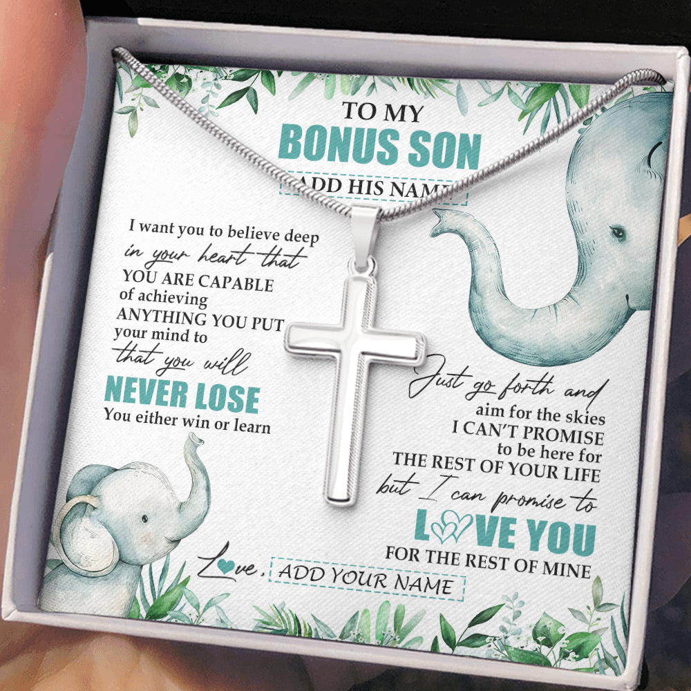 Stainless Cross Necklace Stainless Steel | 2 | Personalized To My Bonus Son Necklace From Stepmother You Will Never Lose Elephant Stepson Birthday Gifts Graduation Christmas Custom Gift Box Message Card | siriusteestore