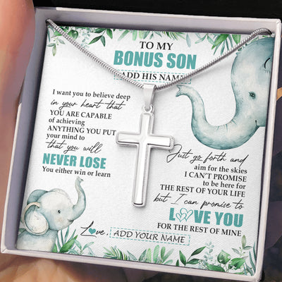 Stainless Cross Necklace Stainless Steel | 2 | Personalized To My Bonus Son Necklace From Stepmother You Will Never Lose Elephant Stepson Birthday Gifts Graduation Christmas Custom Gift Box Message Card | siriusteestore