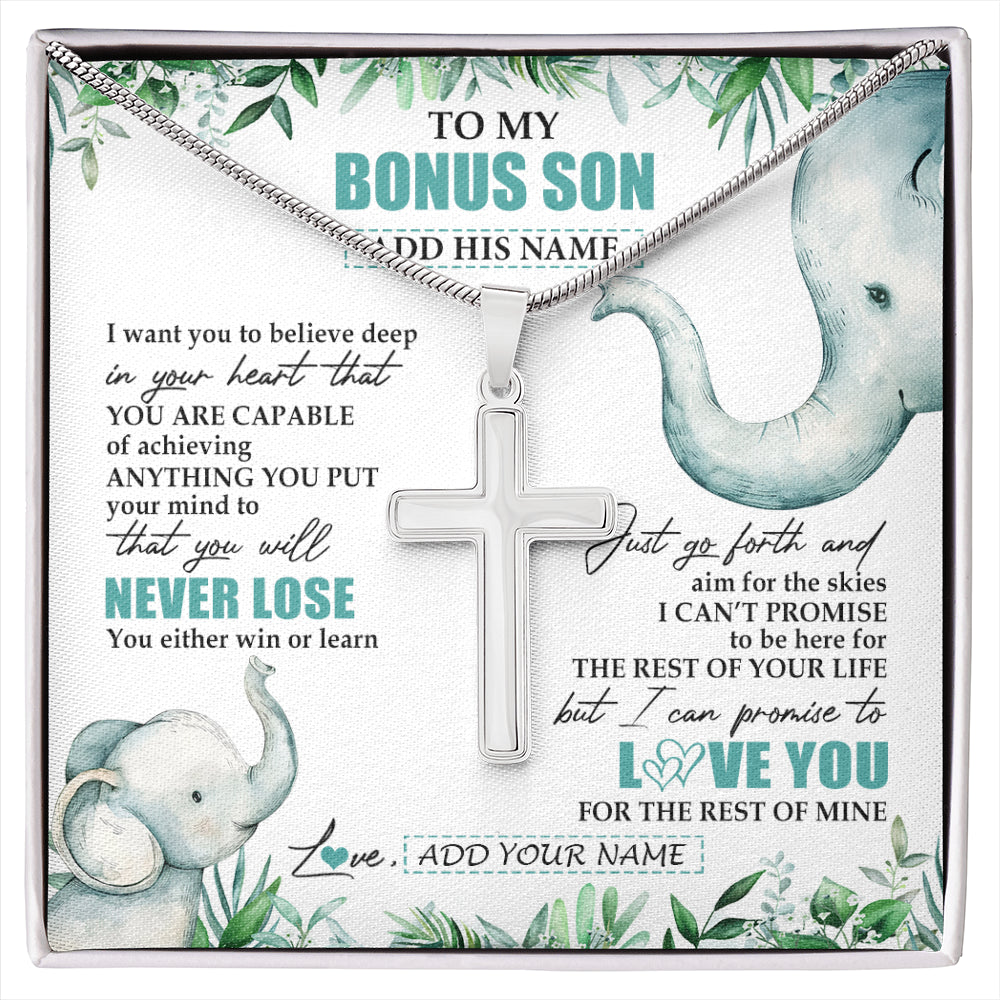 Stainless Cross Necklace Stainless Steel | 1 | Personalized To My Bonus Son Necklace From Stepmother You Will Never Lose Elephant Stepson Birthday Gifts Graduation Christmas Custom Gift Box Message Card | siriusteestore