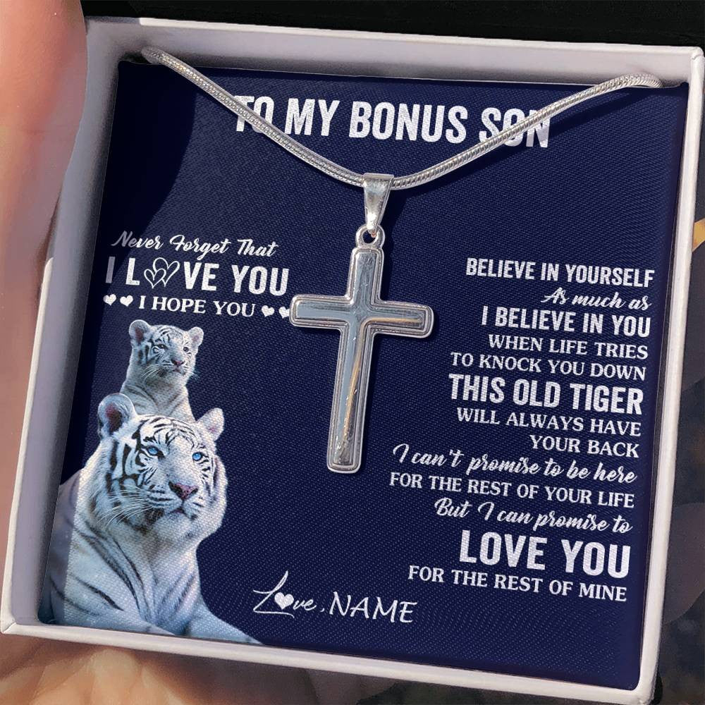 Stainless Cross Necklace Stainless Steel | 2 | Personalized To My Bonus Son Necklace Gift From Stepmom This Old Tiger Love You Stepson Birthday Graduation Christmas Custom Customized Gift Box Message Card | siriusteestore