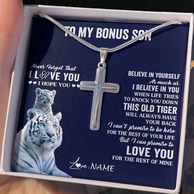 Stainless Cross Necklace Stainless Steel | 2 | Personalized To My Bonus Son Necklace Gift From Stepmom This Old Tiger Love You Stepson Birthday Graduation Christmas Custom Customized Gift Box Message Card | siriusteestore