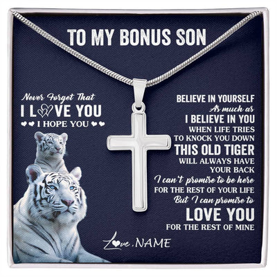 Stainless Cross Necklace Stainless Steel | 1 | Personalized To My Bonus Son Necklace Gift From Stepmom This Old Tiger Love You Stepson Birthday Graduation Christmas Custom Customized Gift Box Message Card | siriusteestore