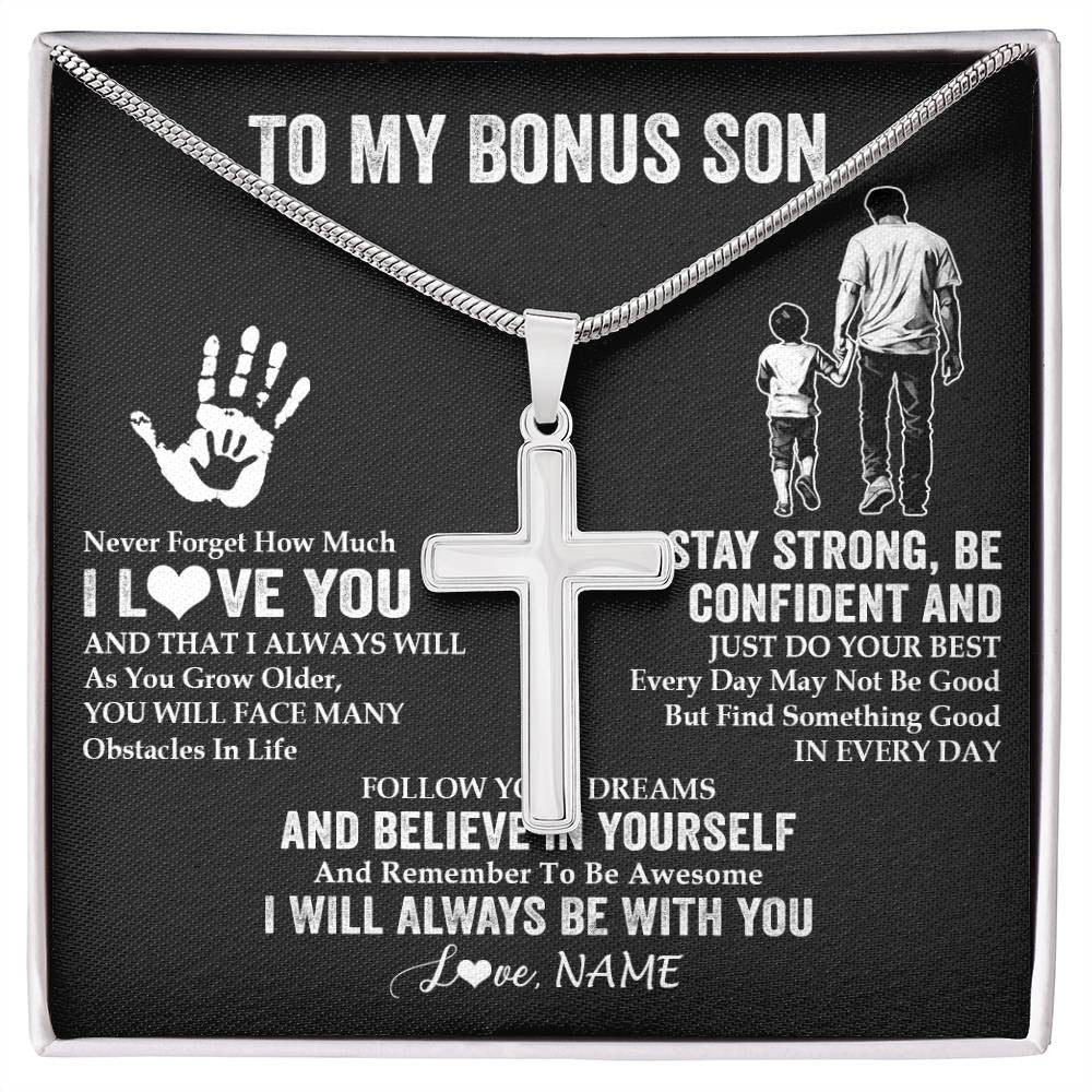 Stainless Cross Necklace Stainless Steel | 1 | Personalized To My Bonus Son Necklace I Love You Forever From Stepdad Stepson Birthday Gifts Christmas Graduation Customized Gift Box Message Card | siriusteestore