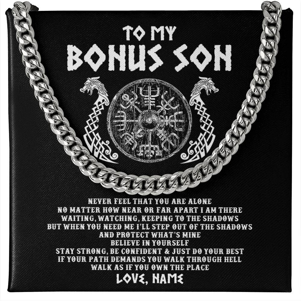 Cuban Link Chain Necklace Stainless Steel | 1 | Personalized To My Bonus Son Necklace Viking Never Feel You Are Alone Odin Scandinavian Norse Runes Stepson Birthday Christmas Customized Gift Box Message Card | siriusteestore