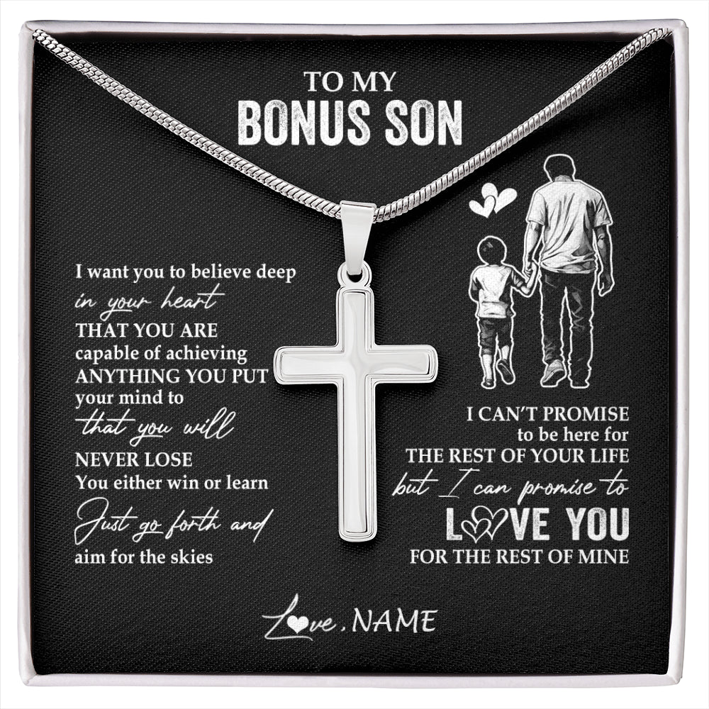 Stainless Cross Necklace Stainless Steel | 1 | Personalized To My Bonus Son Necklace You Will Never Lose From Bonus Dad Stepfather Stepson Birthday Gifts Graduation Christmas Gift Box Message Card | siriusteestore