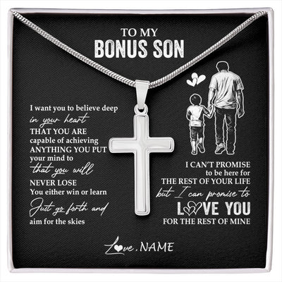 Stainless Cross Necklace Stainless Steel | 1 | Personalized To My Bonus Son Necklace You Will Never Lose From Bonus Dad Stepfather Stepson Birthday Gifts Graduation Christmas Gift Box Message Card | siriusteestore