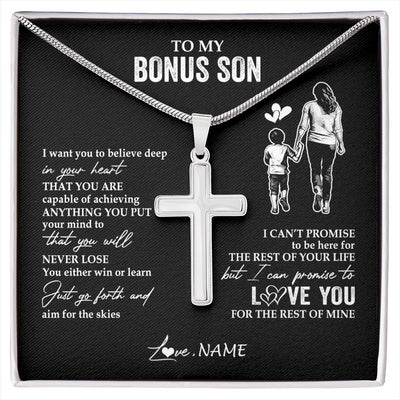 Stainless Cross Necklace Stainless Steel | 1 | Personalized To My Bonus Son Necklace You Will Never Lose From Stepmother Stepmom Stepson Birthday Gifts Graduation Christmas Customized Gift Box Message Card | siriusteestore