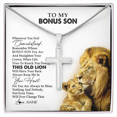 Stainless Cross Necklace Stainless Steel | 1 | Personalized To My Bonus Son Necklace from Stepdad Whenever You Fell Overwhelmed Lion Stepson Birthday Christmas Customized Gift Box Message Card | siriusteestore