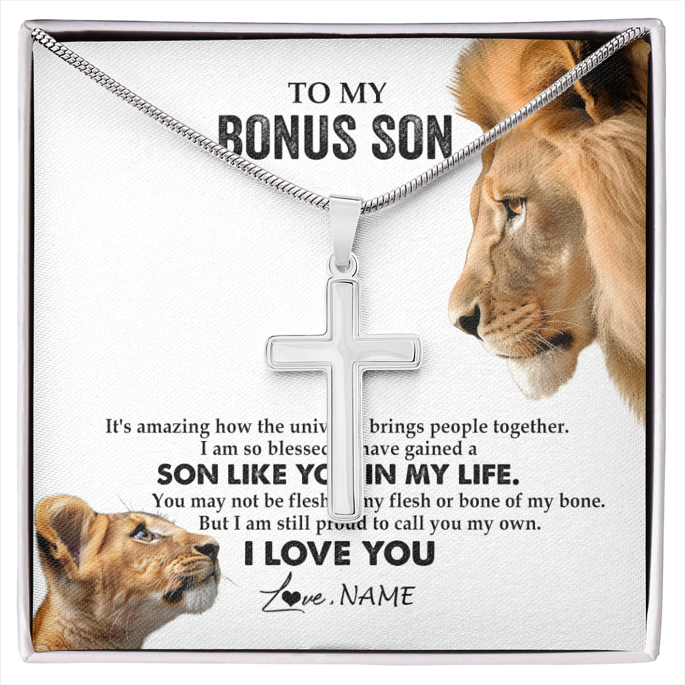 Stainless Cross Necklace Stainless Steel | 1 | Personalized To My Bonus Son Necklace from Stepfather Lion I Love You Stepchild Adopted Son Stepson Birthday Christmas Customized Gift Box Message Card | siriusteestore