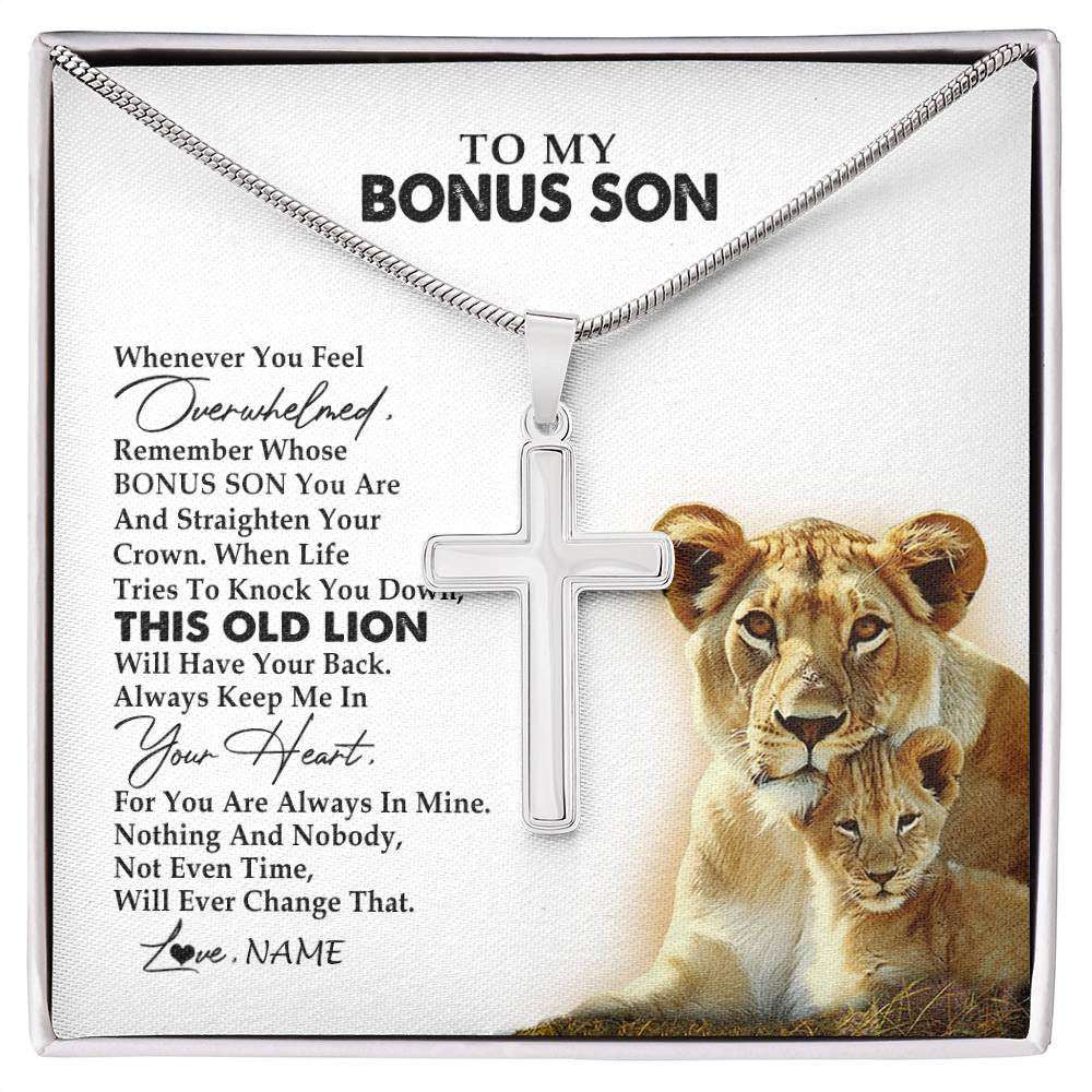 Stainless Cross Necklace Stainless Steel | 1 | Personalized To My Bonus Son Necklace from Stepmom Whenever You Fell Overwhelmed Lion Stepson Birthday Christmas Customized Gift Box Message Card | siriusteestore