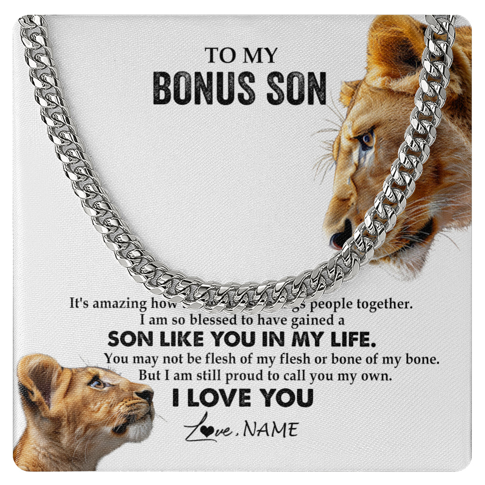 Cuban Link Chain Necklace Stainless Steel | 1 | Personalized To My Bonus Son Necklace from Stepmother Lion I Love You Stepchild Adopted Son Stepson Birthday Christmas Customized Gift Box Message Card | siriusteestore