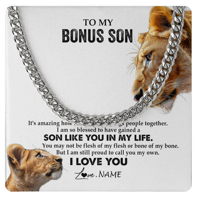 Cuban Link Chain Necklace Stainless Steel | 1 | Personalized To My Bonus Son Necklace from Stepmother Lion I Love You Stepchild Adopted Son Stepson Birthday Christmas Customized Gift Box Message Card | siriusteestore