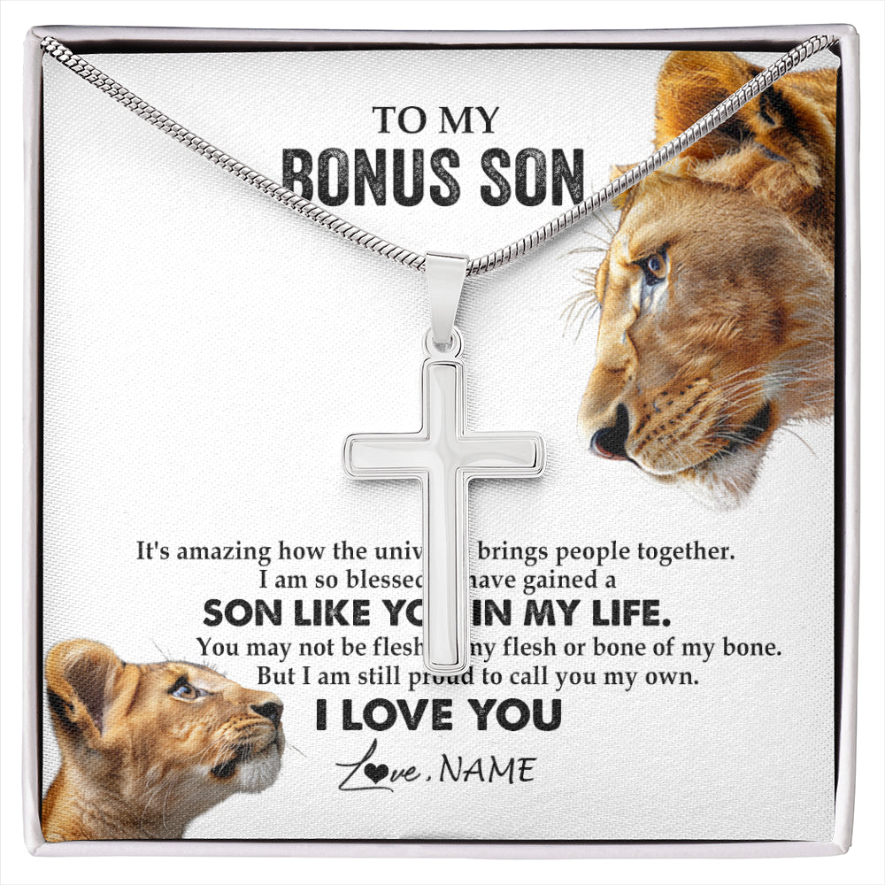 Stainless Cross Necklace Stainless Steel | 1 | Personalized To My Bonus Son Necklace from Stepmother Lion I Love You Stepchild Adopted Son Stepson Birthday Christmas Customized Gift Box Message Card | siriusteestore