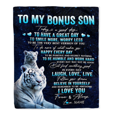 Personalized To My Bonus Son Tiger Blanket From Step Mom Dad Today Is A Good Day Stepson Gift Birthday Graduation Christmas Customized Bed Fleece Throw Blanket | siriusteestore