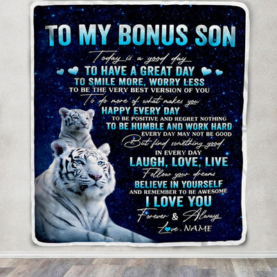 Personalized To My Bonus Son Tiger Blanket From Step Mom Dad Today Is A Good Day Stepson Gift Birthday Graduation Christmas Customized Bed Fleece Throw Blanket | siriusteestore