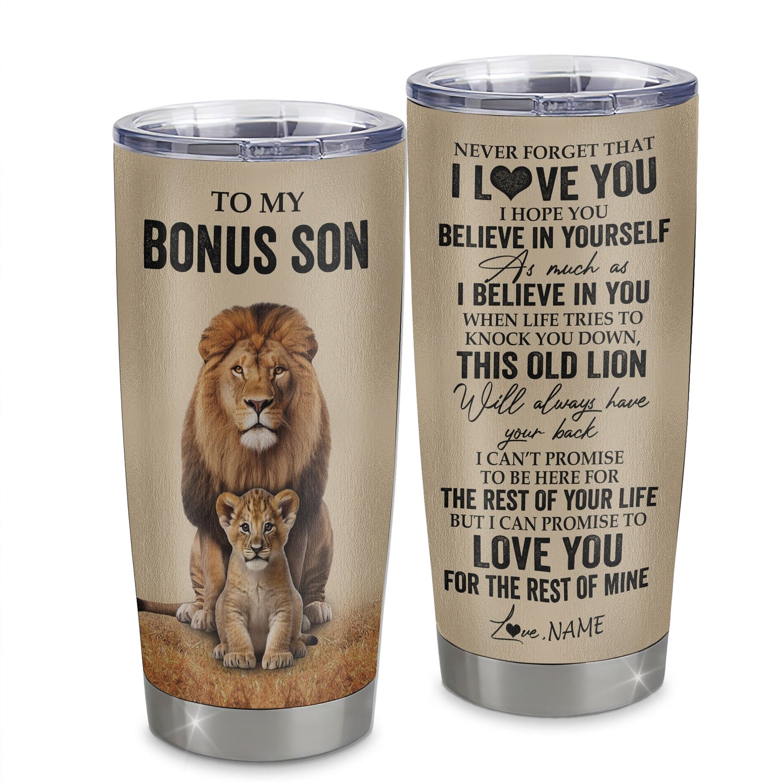 Personalized To My Bonus Son Tumbler From Stepdad Lion Stainless Steel Cup Never Forget That I Love You Stepson Birthday Gifts Graduation Christmas Custom Travel Mug | siriusteestore