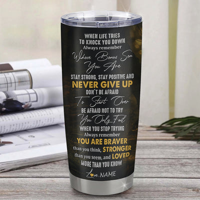 Personalized To My Bonus Son Tumbler From Stepdad Stepfather Stainless Steel Cup Lion Never Give Up Stepson Birthday Graduation Christmas Travel Mug | siriusteestore